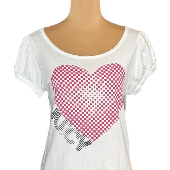 VTG Y2K Juicy Couture Graphic Tee Sz.L White Metallic Heart Logo Puff Sleeve - Picture 2 of 12